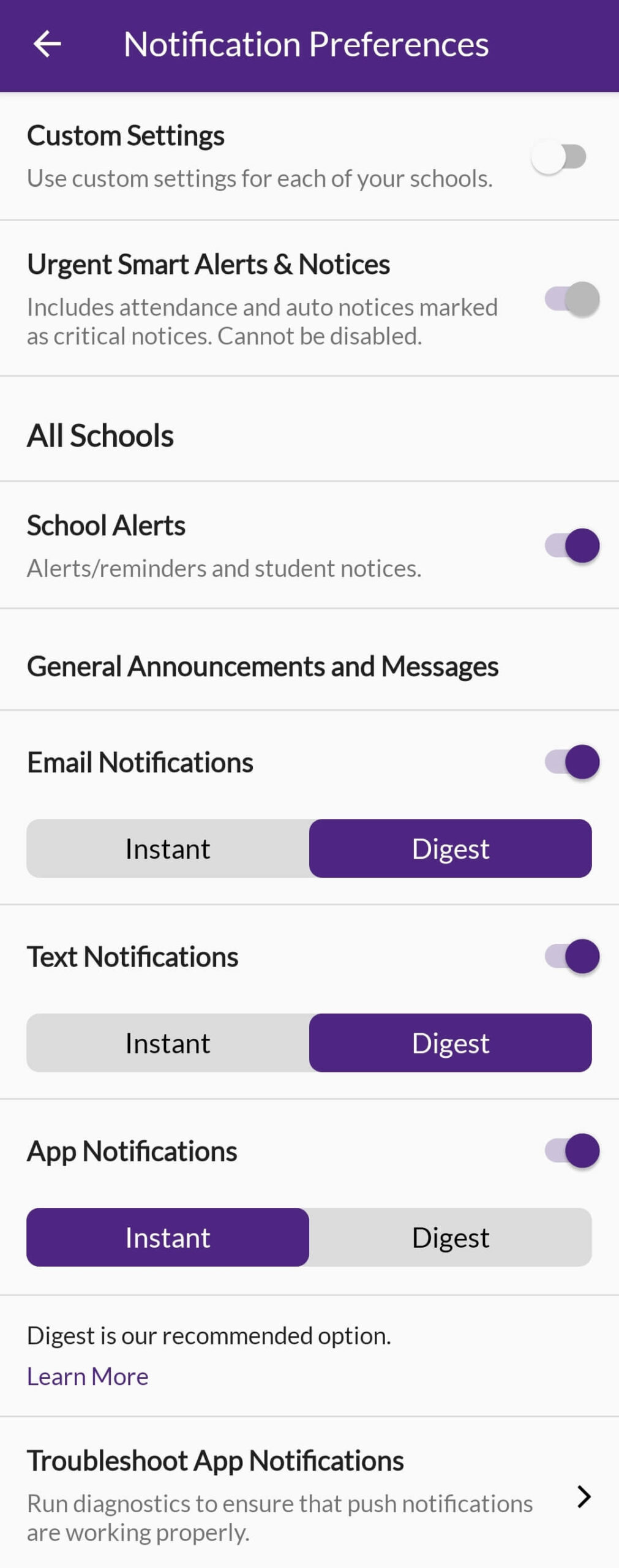 ParentSquare mobile app notification settings example