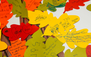 cutout paper leaves with students' statements of what they're grateful for