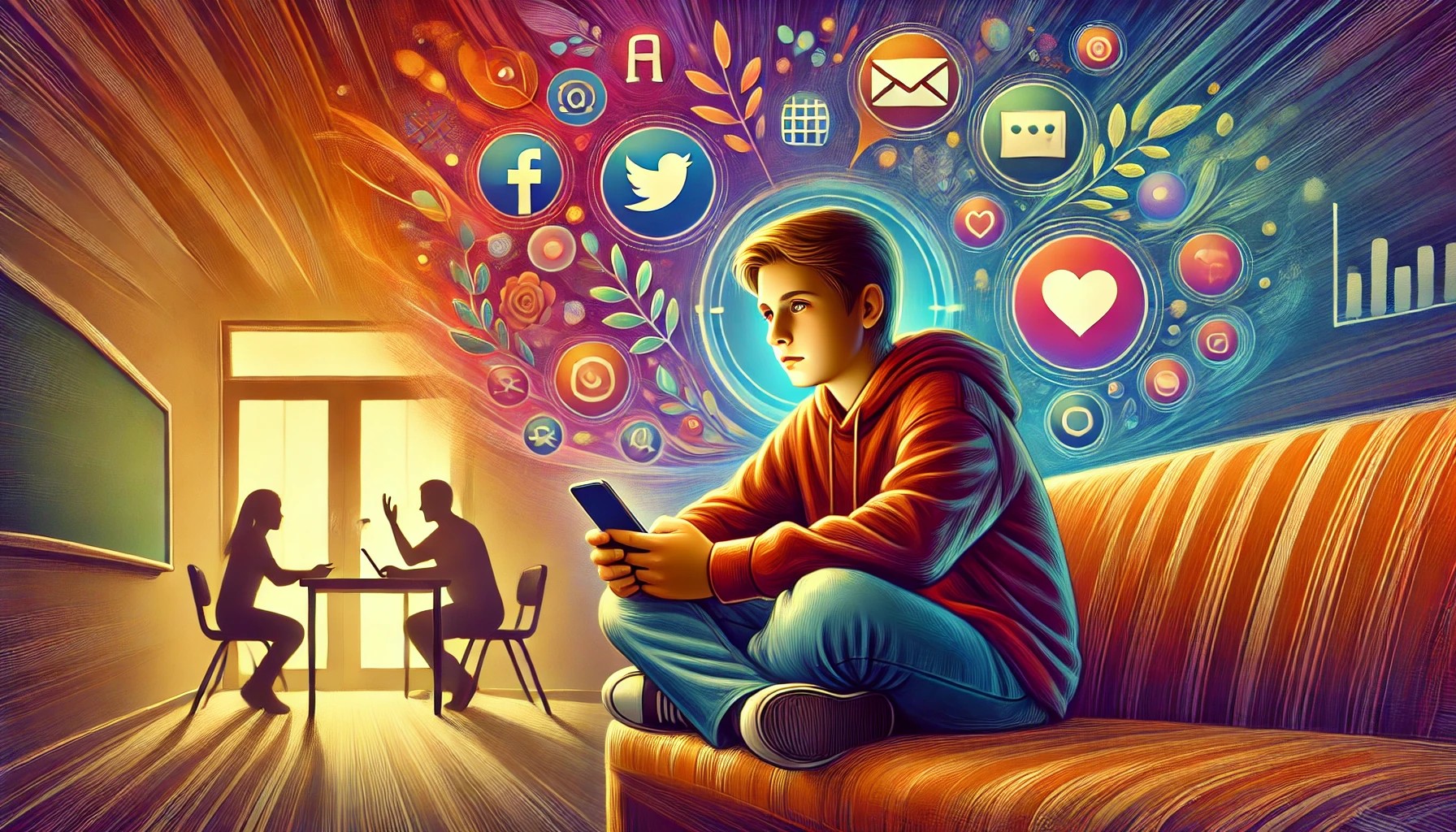 Illustration of a student holding a phone, with symbols of social media and two adults in the background having a thoughtful conversation